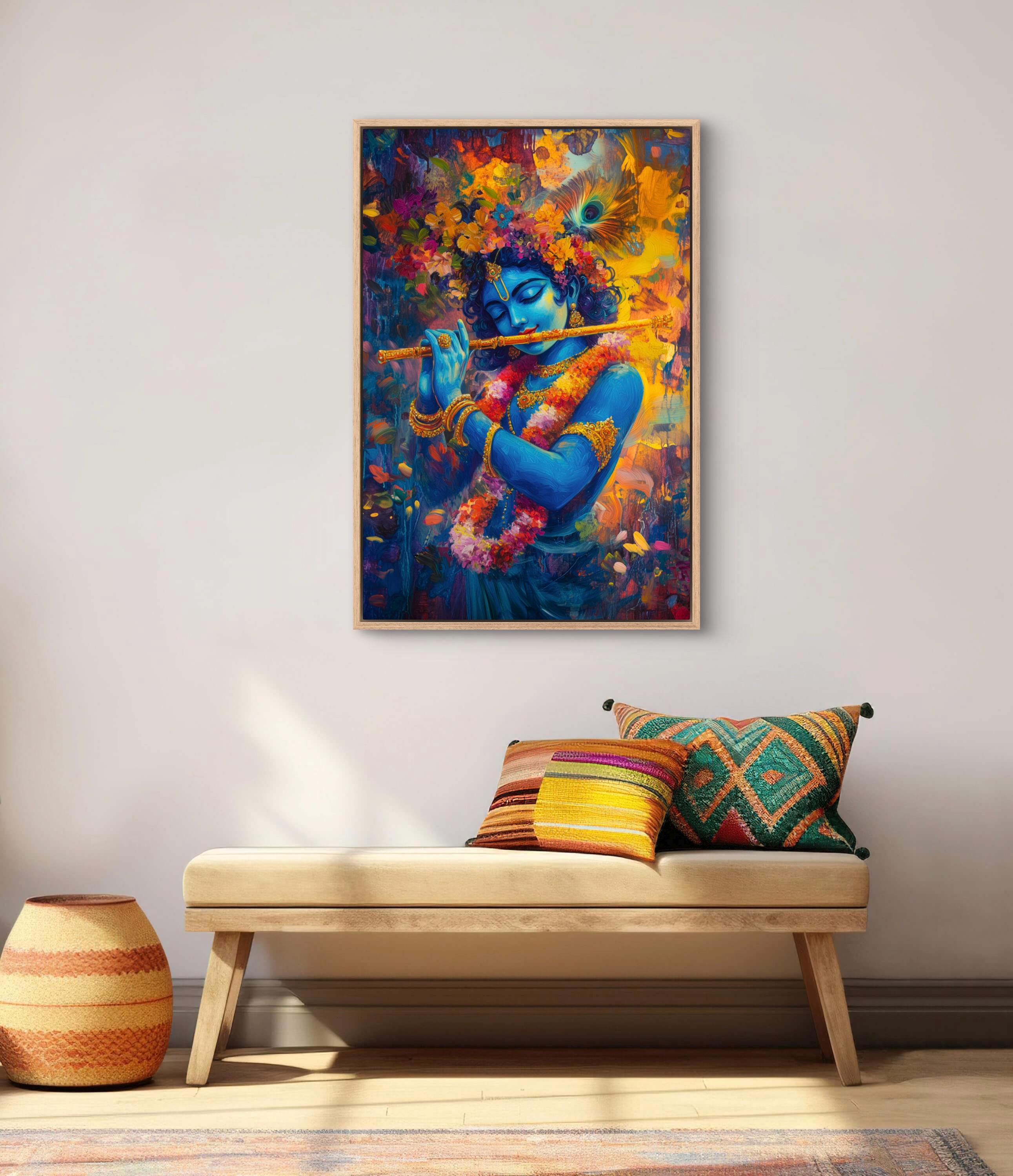 Wanddekoration „Lord Krishna With Cow“ Auf Samtstoff, 20x28 Zoll (ca. 51x71 Cm) – Ungerahmt, Indische Hindu-Kunst