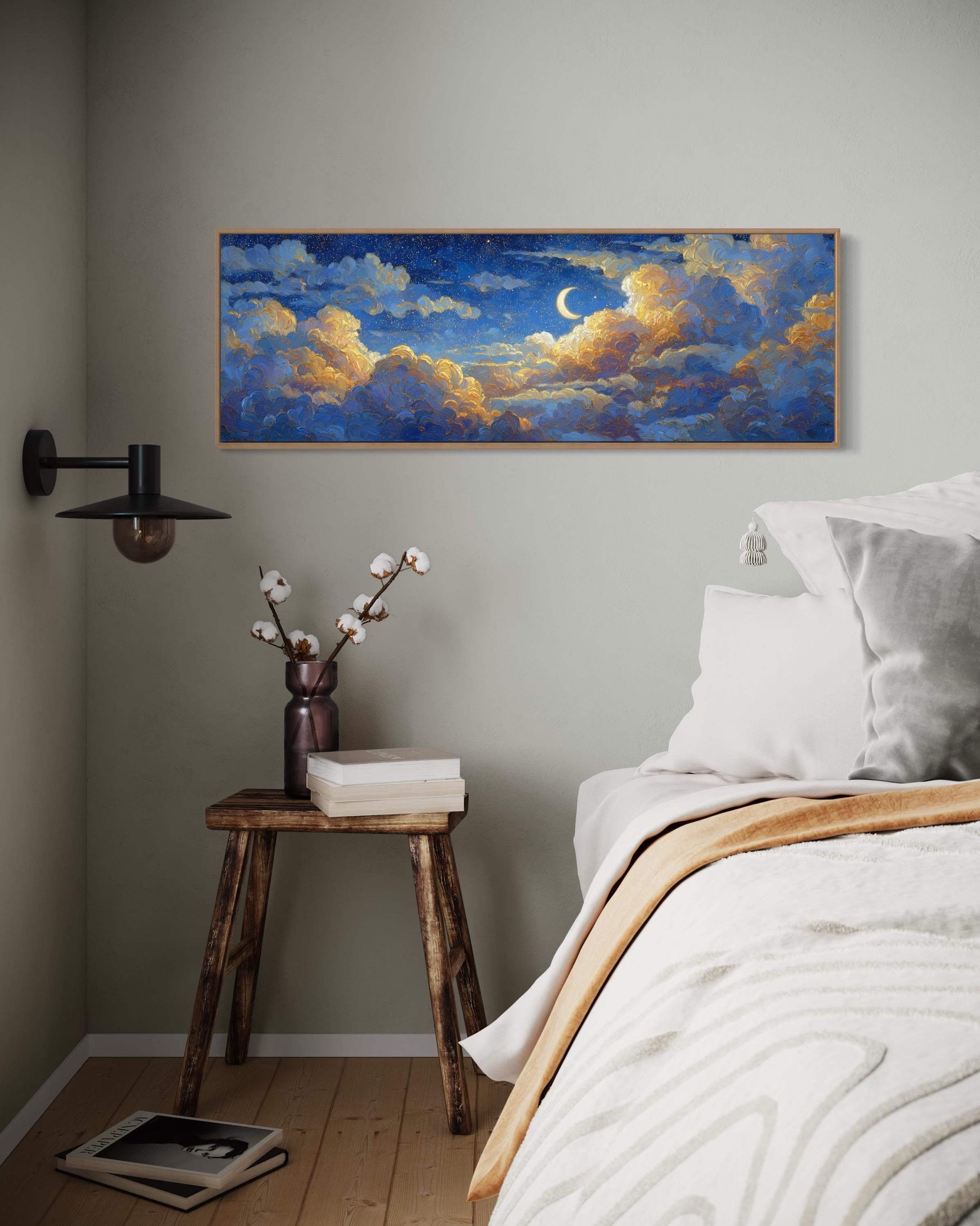 Celestial Night Sky Wall Art – Moon and Clouds Print, Starry Sky Canvas ...