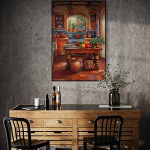 This vibrant art print captures a cozy Mexican kitchen filled with warm terracotta tones, rustic wooden furniture, and colorful tiles. Fresh produce, hanging plants, and pottery create a welcoming, homely feel. A perfect piece for farmhouse.