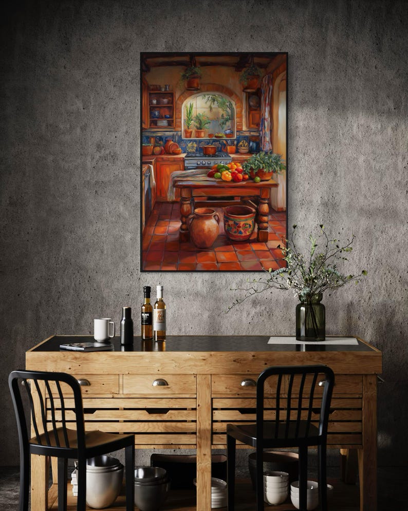 This vibrant art print captures a cozy Mexican kitchen filled with warm terracotta tones, rustic wooden furniture, and colorful tiles. Fresh produce, hanging plants, and pottery create a welcoming, homely feel. A perfect piece for farmhouse.