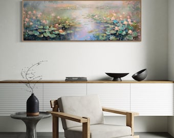 Peaceful Water Lily Panorama - Soft Pastel Lotus Flower Painting Print for Long Narrow Wall Art, Above Bed Decor, and Panoramic Print