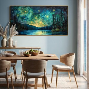 A breathtaking nightscape where swirls of luminescent green and yellow dance across the sky, mirroring on the tranquil lake below. Tall pines stand in silhouette against a Van Gogh-inspired celestial masterpiece.