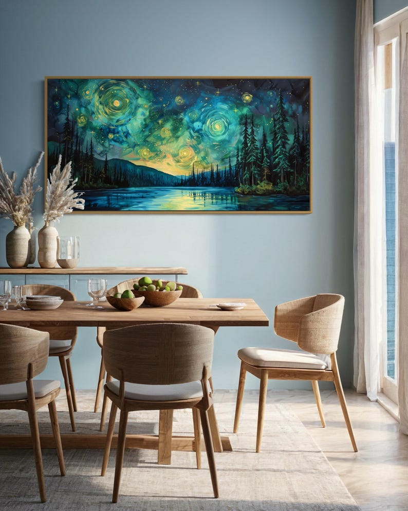 A breathtaking nightscape where swirls of luminescent green and yellow dance across the sky, mirroring on the tranquil lake below. Tall pines stand in silhouette against a Van Gogh-inspired celestial masterpiece.