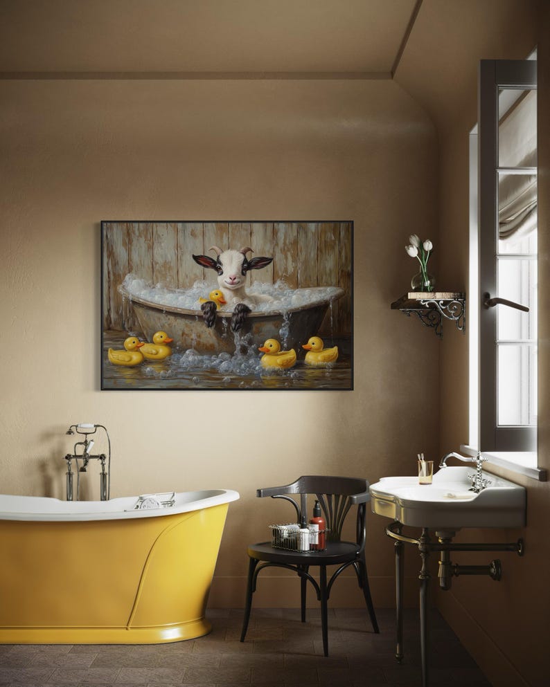 Goat in Bubble Bath Art Print – Funny Farmhouse Bathroom Decor, Cute ...