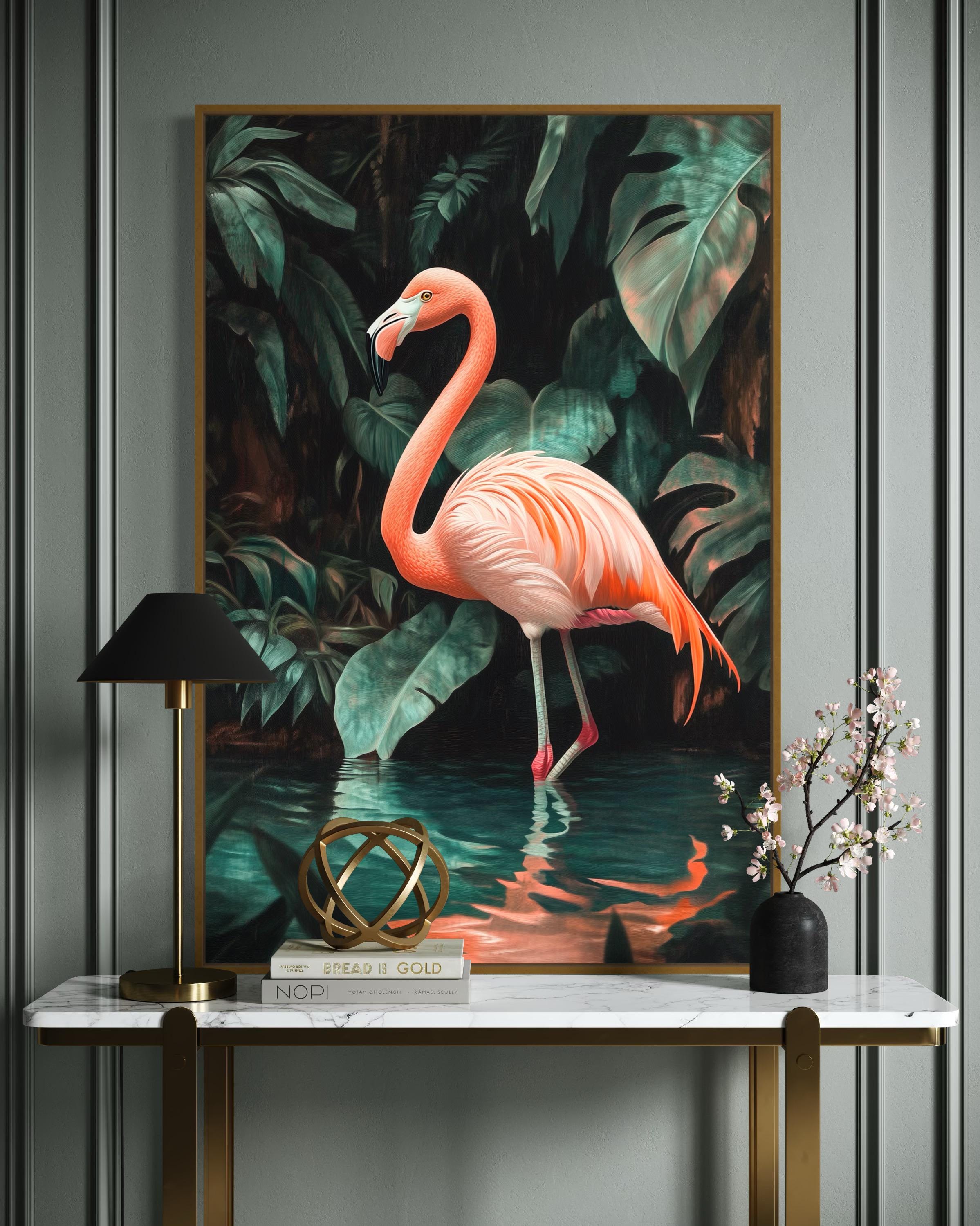 フラミンゴ 額装済み 原画 フラミンゴのアートプリント – 熱帯の鳥の壁掛けアート、ジャングルの