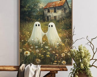 Cute Ghosts in Wildflower Field - Spooky Halloween Art Print for Cozy Room Decor, Countryside Painting Print, and Haunted House Poster