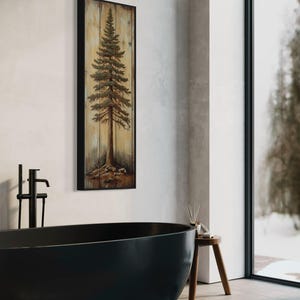 A rustic painting of a tall pine tree on wooden panels, showcasing natural textures and earthy tones. It is a perfect blend of art and nature with a handcrafted feel.