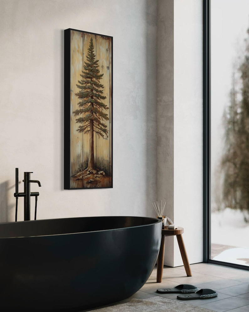A rustic painting of a tall pine tree on wooden panels, showcasing natural textures and earthy tones. It is a perfect blend of art and nature with a handcrafted feel.