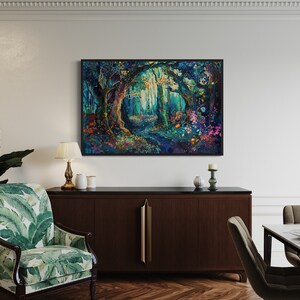 The enchanting woodland scene, ablaze with vibrant, whimsical colours, invites viewers into a magical forest where flora and fantasy intertwine.