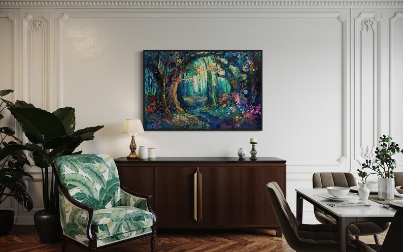The enchanting woodland scene, ablaze with vibrant, whimsical colours, invites viewers into a magical forest where flora and fantasy intertwine.