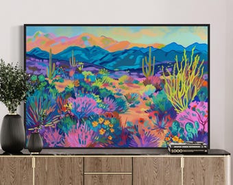 Vibrant Desert Canvas – Colorful Cactus & Wildflower Print, Southwest Landscape Art, Boho New Mexico Decor for Living Room or Above Bed