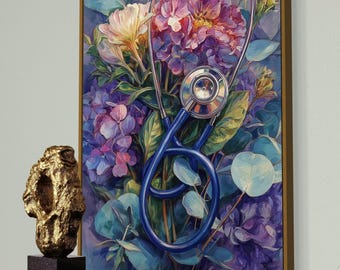 Könnte beinhalten: Ein rechteckiger Wandkunstdruck in einem dünnen goldenen Rahmen mit einem Gemälde eines blauen Stethoskops, das vor einem lebendigen Strauß aus violetten und rosa Hortensien sowie grünen Eukalyptusblättern auf einem weichen Hintergrund liegt.