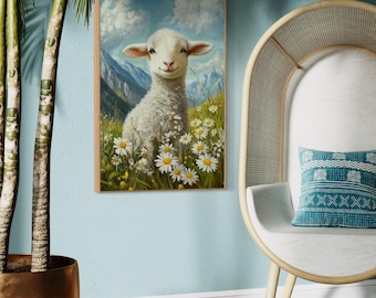 Lamb Wall Art - Whimsical Farm Animal Print, Daisy Meadow Artwork