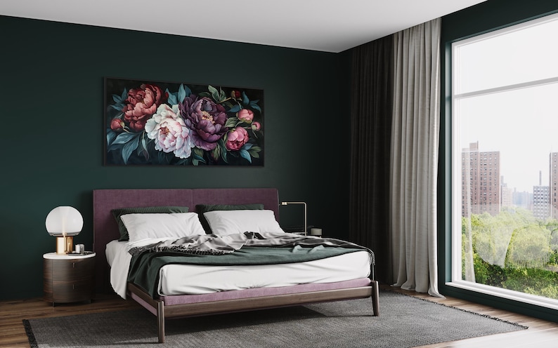 Midnight Bloom - A lush display of peonies in rich purples and delicate pinks, set against a deep, dark backdrop, exuding elegance and drama.