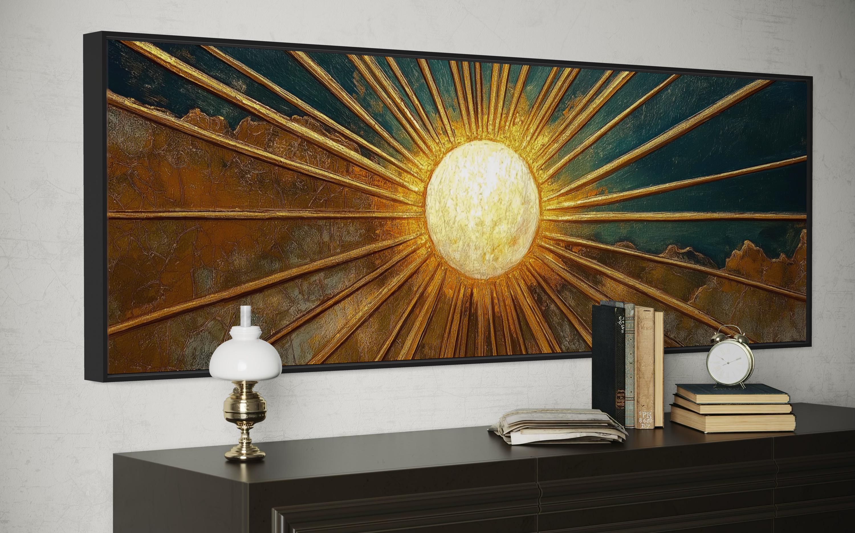 Golden Sunburst Wall Art - Panoramic Teal and Gold Print With