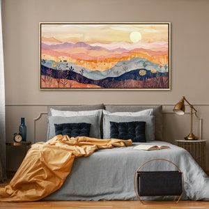 Serene rolling hills under a gentle sun, depicted in warm, soothing tones and stylized layers, evoke a sense of calm and whimsy in this pastoral landscape.