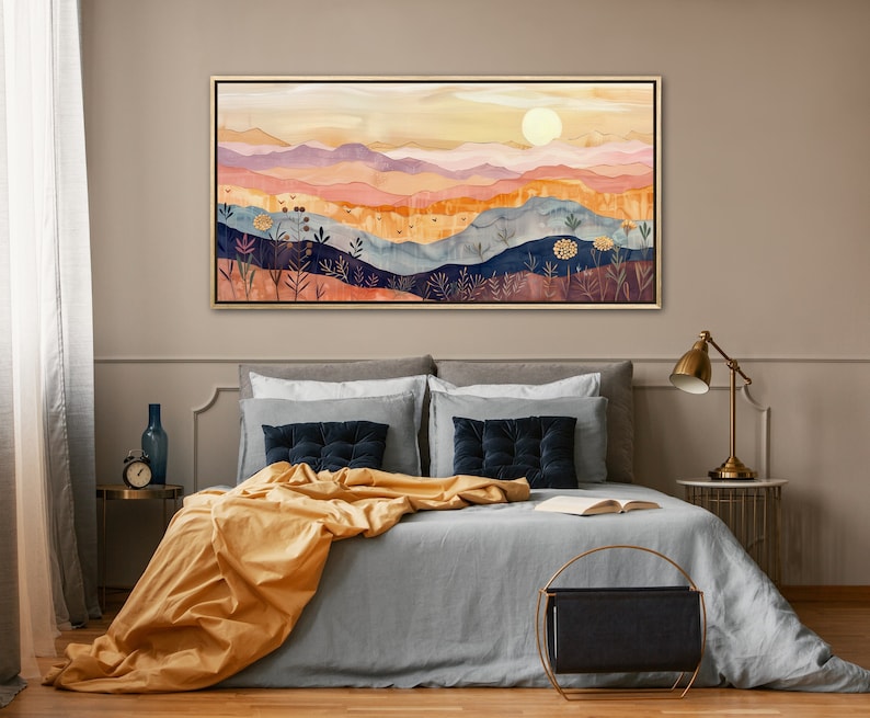 Serene rolling hills under a gentle sun, depicted in warm, soothing tones and stylized layers, evoke a sense of calm and whimsy in this pastoral landscape.