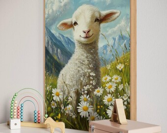 Lamb Wall Art - Whimsical Farm Animal Print, Daisy Meadow Artwork