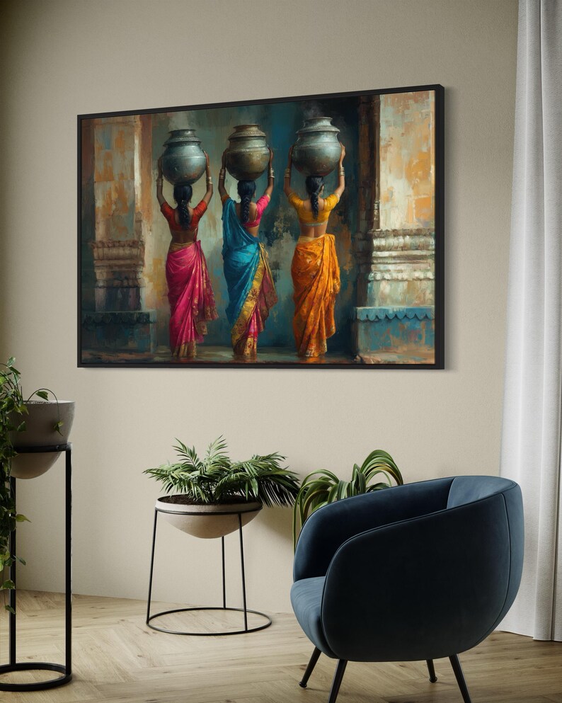 Celebrate cultural beauty with this vibrant art piece depicting three Indian women in colorful saris, gracefully carrying pots on their heads. The rich textures and warm tones make it a stunning addition to any space.
