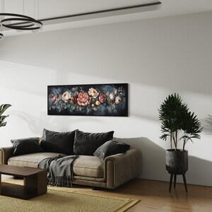 This Victorian-inspired floral canvas art showcases a stunning arrangement of roses in soft pink, cream, and deep red hues. Set against a moody dark blue background, it exudes timeless elegance and romantic charm.