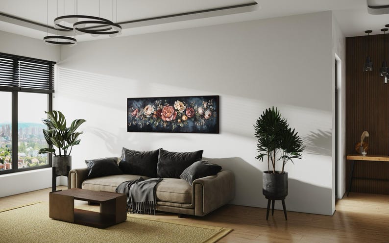 This Victorian-inspired floral canvas art showcases a stunning arrangement of roses in soft pink, cream, and deep red hues. Set against a moody dark blue background, it exudes timeless elegance and romantic charm.