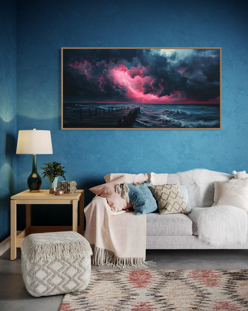This dramatic storm canvas captures a dark ocean scene with a striking pink lightning sky over a wooden pier. The moody waves and vibrant storm clouds create a bold statement piece. Perfect for lovers of dramatic nature art, coastal décor.