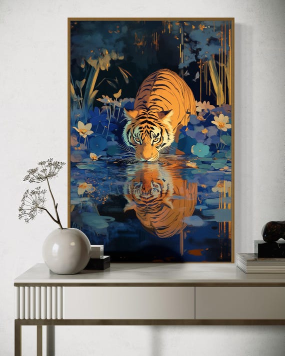 Indian Tiger Canvas – Jungle Art Print, Wildlife Reflection Art, Boho Nature Decor, Floral Tiger Wall Art for Living Room or Above Bed