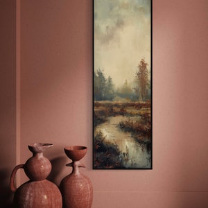 This atmospheric painting captures a moody landscape with a dramatic interplay of light and shadow. A muted palette conveys the serenity of a misty marshland, evoking a sense of quiet introspection.