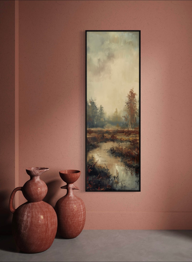 This atmospheric painting captures a moody landscape with a dramatic interplay of light and shadow. A muted palette conveys the serenity of a misty marshland, evoking a sense of quiet introspection.