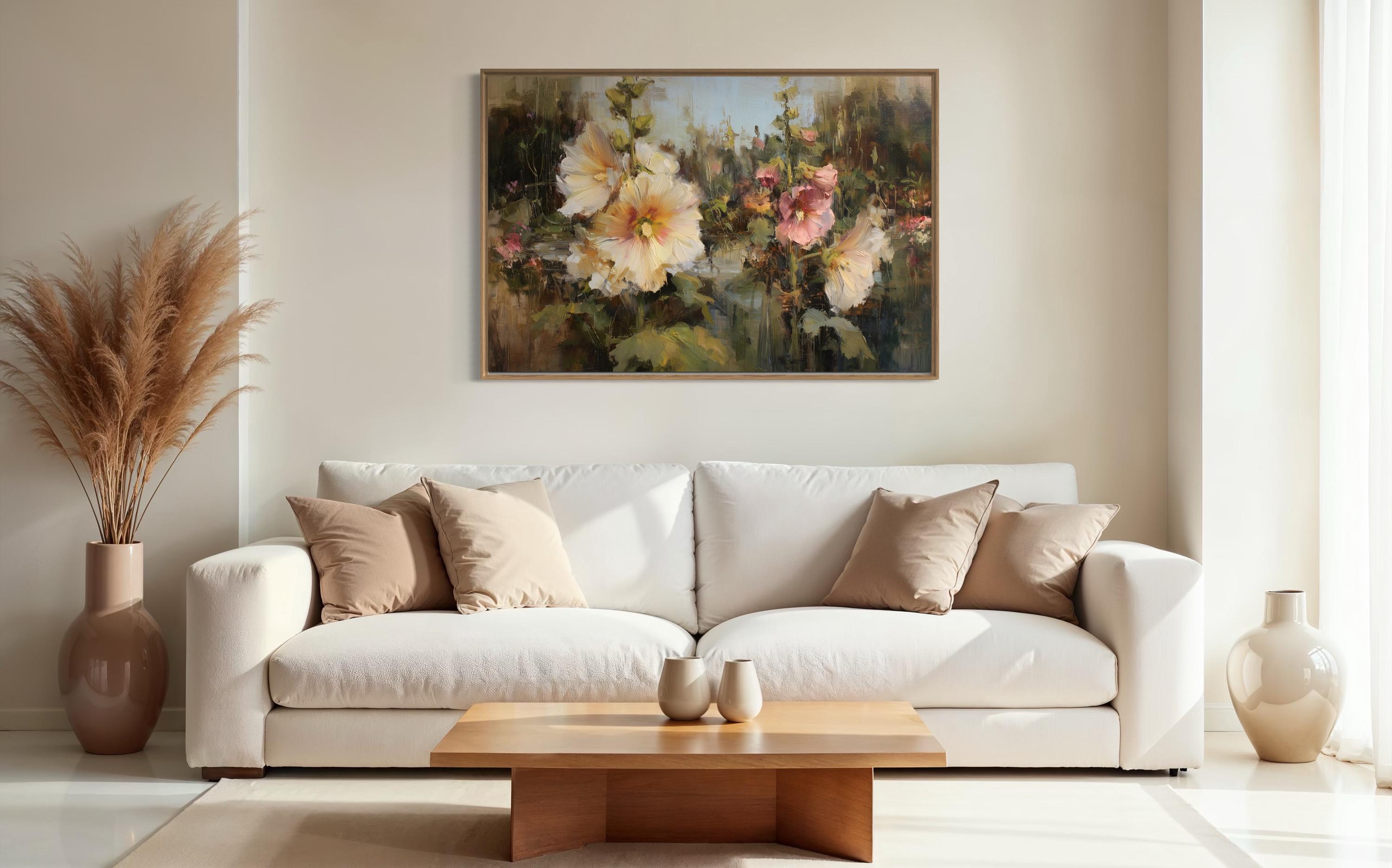 Romantic Hollyhocks Art Print – Impressionist Floral Wall Art