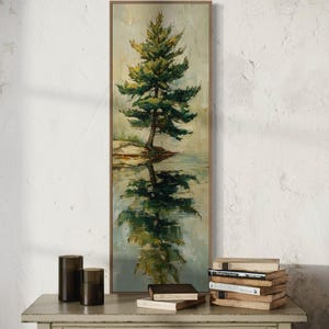 Pine Tree Reflection Art Print – Tranquil Lakeside Landscape Painting, Rustic Cabin Wall Decor, Nature-Inspired Woodland Artwork