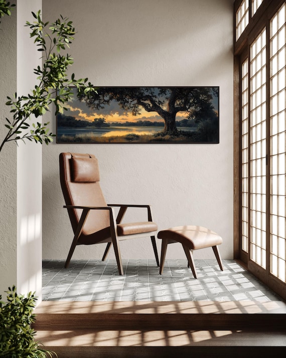 Whimsical Old Oak Tree at Sunset - Panoramic Landscape Print for Above Bed Decor, Long Narrow Wall Art, and Moody Artwork