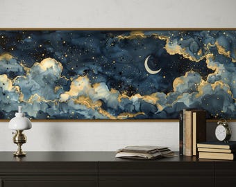 Lienzo Noche Estrellada - Vibrante obra de arte celestial con luna creciente, impresión panorámica del cielo, pintura impresionista de nubes