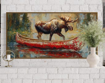 Quadro de parede Alce em Canoa – Impressão rústica de animal para cabana, pintura divertida da natureza selvagem, tela com canoa vermelha, decoração para chalé