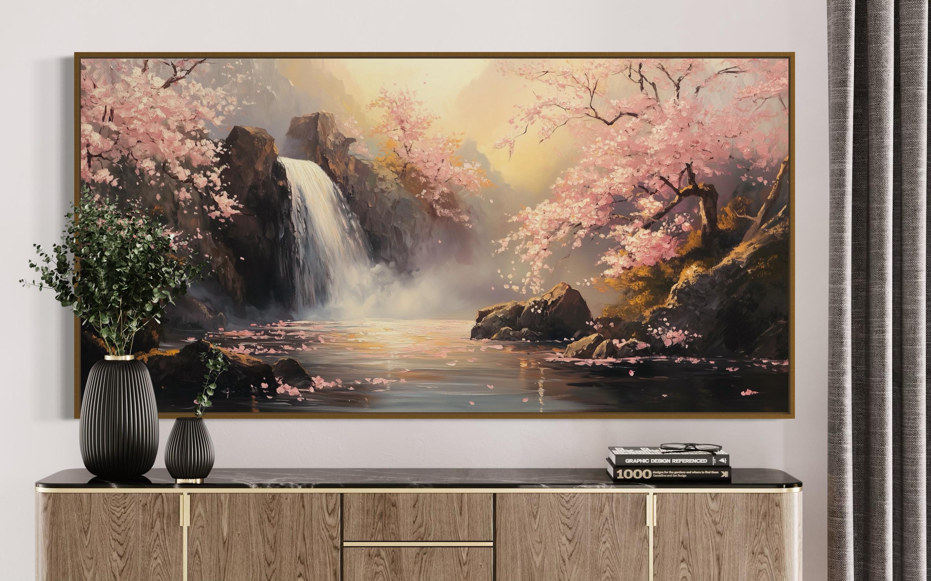 油彩 F8 アリゾナ バリーモニュメント サイン有り S.Koide Cherry Blossom Waterfall Canvas – Serene Japanese Landscape