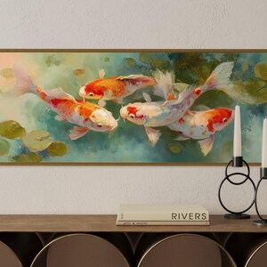 Vibrant koi fish art print featuring five colorful koi swimming among soft lily pads in a dreamy pond. This serene piece is a high-resolution canvas reproduction of an original painting, with no physical texture. Ideal for tranquil decor and Zen-inspired spaces.
