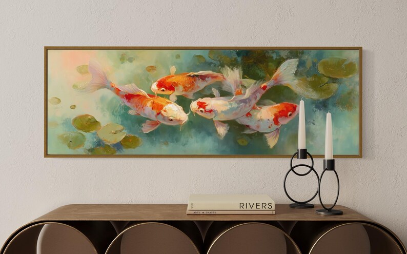Vibrant koi fish art print featuring five colorful koi swimming among soft lily pads in a dreamy pond. This serene piece is a high-resolution canvas reproduction of an original painting, with no physical texture. Ideal for tranquil decor and Zen-inspired spaces.