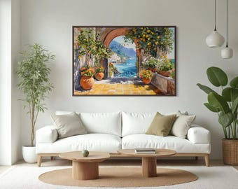 Stampa artistica da parete raffigurante un albero di limone italiano – Arco costiero mediterraneo, decorazione ispirata alla Costiera Amalfitana