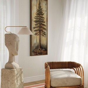 A rustic painting of a tall pine tree on wooden panels, showcasing natural textures and earthy tones. A perfect blend of art and nature with a handcrafted feel.