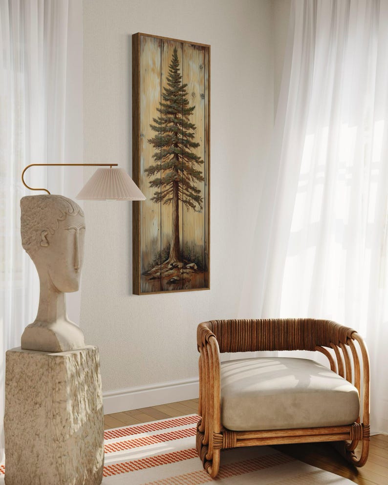 A rustic painting of a tall pine tree on wooden panels, showcasing natural textures and earthy tones. A perfect blend of art and nature with a handcrafted feel.