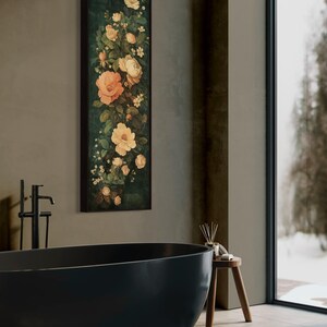 Adorn your space with this elegant vintage-style floral tapestry featuring soft, blooming roses and delicate leaves against a dark, textured background. A timeless addition to bring a touch of classic beauty to any room.