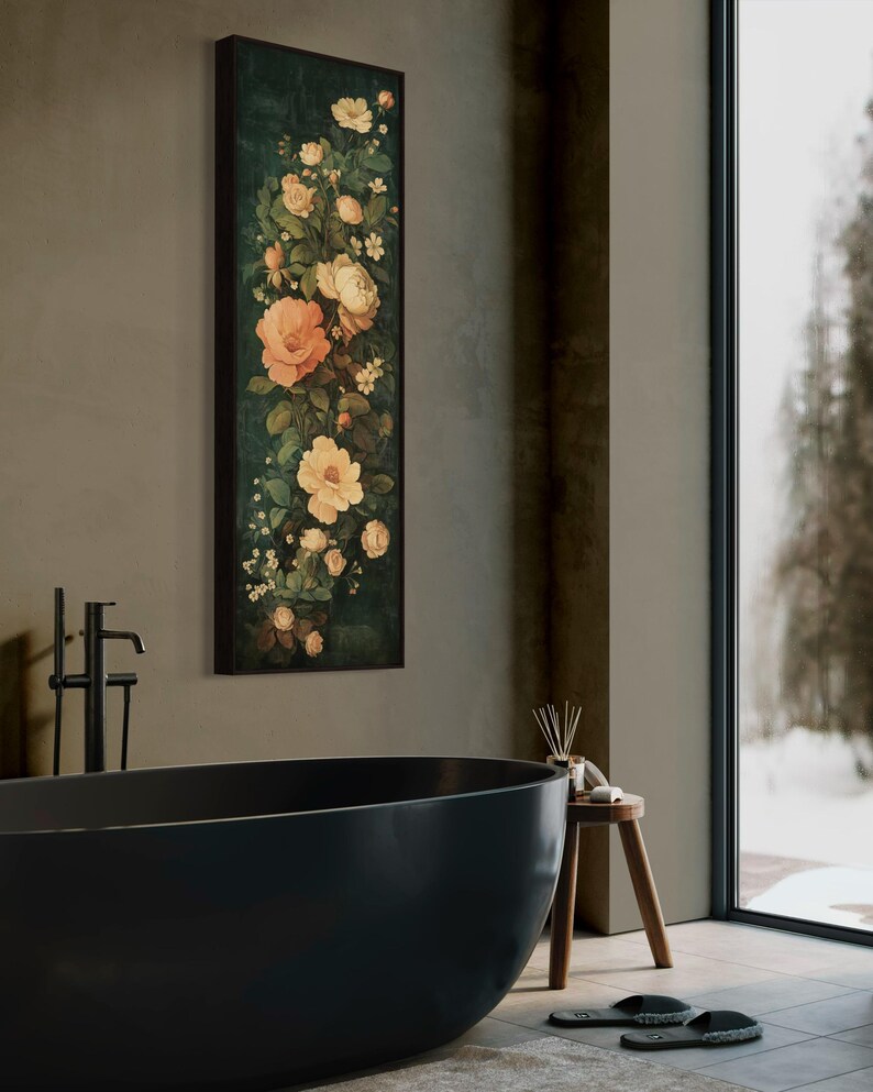 Adorn your space with this elegant vintage-style floral tapestry featuring soft, blooming roses and delicate leaves against a dark, textured background. A timeless addition to bring a touch of classic beauty to any room.