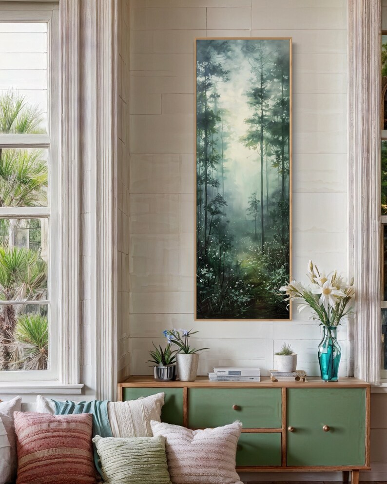 This serene painting depicts a misty forest with tall trees and delicate wildflowers. The soft, muted colors and ethereal atmosphere create a sense of tranquility, perfect for adding a touch of nature and calm to any space.