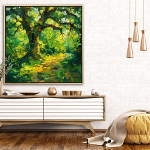 The old oak stands regal and enduring, its twisting branches like wise, outstretched arms, cloaked in a tapestry of sun-kissed leaves, creating a serene sanctuary of nature's timeless beauty.