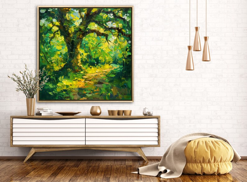 The old oak stands regal and enduring, its twisting branches like wise, outstretched arms, cloaked in a tapestry of sun-kissed leaves, creating a serene sanctuary of nature's timeless beauty.