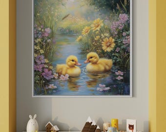 Lámina artística de un patito caprichoso: decoración de pared de estilo cottagecore primaveral, obra de arte para guardería inspirada en la naturaleza, pintura de animales de granja.