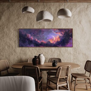 Dive into the ethereal beauty of a crescent moon cradled by vivid clouds in a surreal dreamscape. This stunning painting captures the enchanting dance of light and color, perfect for bringing a touch of wonder to any space.