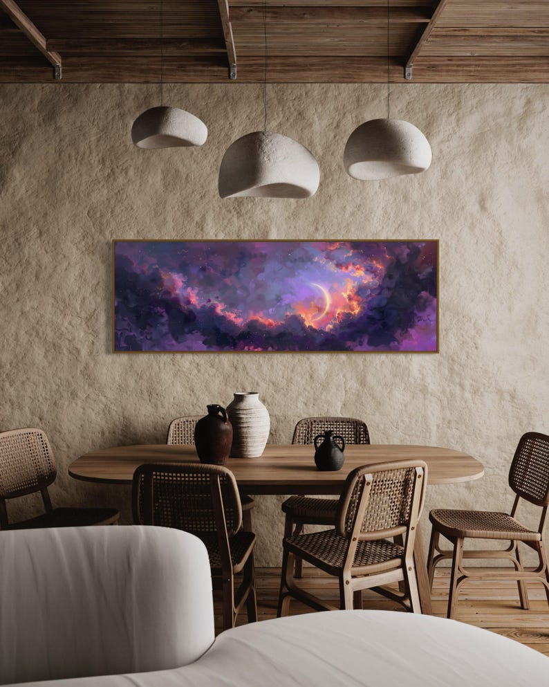 Dive into the ethereal beauty of a crescent moon cradled by vivid clouds in a surreal dreamscape. This stunning painting captures the enchanting dance of light and color, perfect for bringing a touch of wonder to any space.