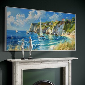 Sailboats glide on azure waters near chalky cliffs with green tops under a vast, cloud-dappled sky, portraying a serene, sunlit seascape.