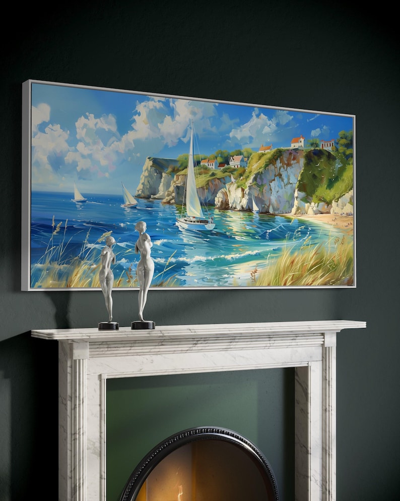 Sailboats glide on azure waters near chalky cliffs with green tops under a vast, cloud-dappled sky, portraying a serene, sunlit seascape.